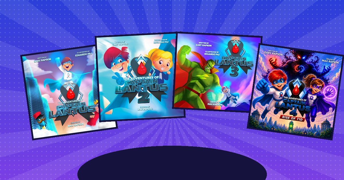 The four Captain Lantus books fanned out on a blue comic-book background